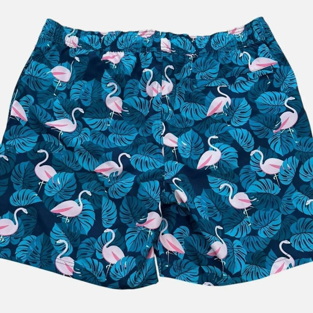 Men's Large Teal Flamingo Vacation Resort Swimming Lined Drawstring Trunk Shorts